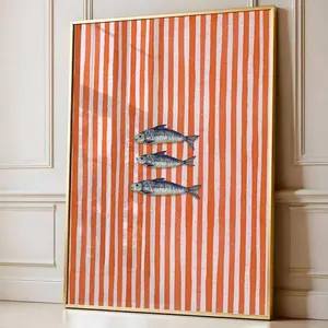 Sardine Watercolor Poster, Retro Kitchen Wall Art, Red Striped Fish Poster, Seafood Decoration, Pike Illustration Artwork