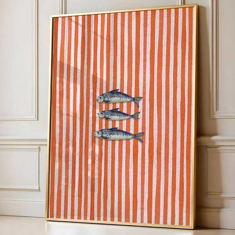 Sardine Watercolor Poster, Retro Kitchen Wall Art, Red Striped Fish Poster, Seafood Decoration, Pike Illustration Artwork