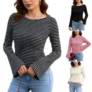WoodBerry Women's High-Stretch Long Sleeve Shirts 2026 Spring Casual Boat Neck Bell Sleeve Crop Going Out Tops Side Ribbed Ruched Y2K Clothes