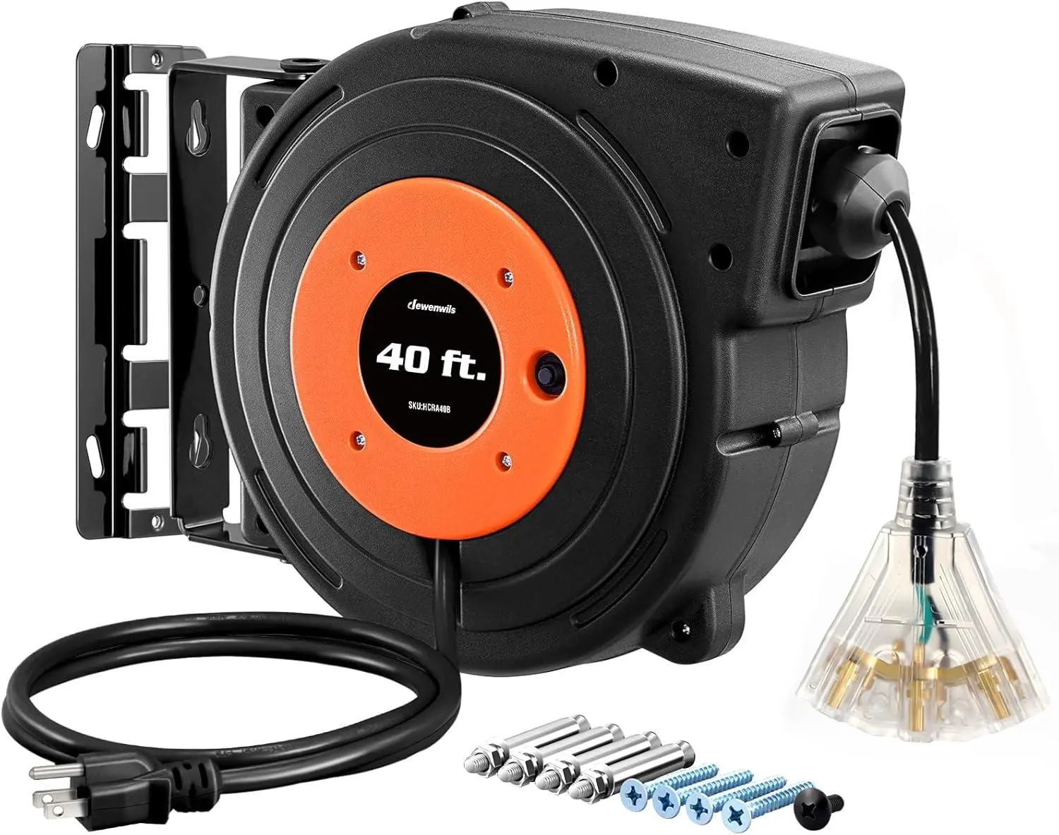 DEWENWILS Retractable Extension Cord Reel 40 FT Heavy Duty Power Cord 12AWG/3C SJTOW 3 Grounded Outlets Lighted Triple Tap 15 Amp Circuit Breaker UL Listed for Workshop Garage