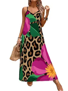Women's Vintage Leopard Floral Print Strap Dress, Womenswear Summer Beach Vacation Casual Long Dress, Sleeveless Flowy A-Line V-Neck Slim Fit