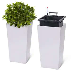 Tall Planters Set of 2, Outdoor＆Indoor Black Planter Pots, High Front Porch Planter Pots with Drainage Holes＆Water Level Monitor＆Inner Bucket, Automatic Watering