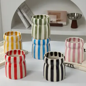 Hand-Drawn Striped Ceramic Storage Cylinder, Multifunctional Candle Holder Makeup Brush Bucket, Desktop Pen Holder Decorative Ornament, Table Decor