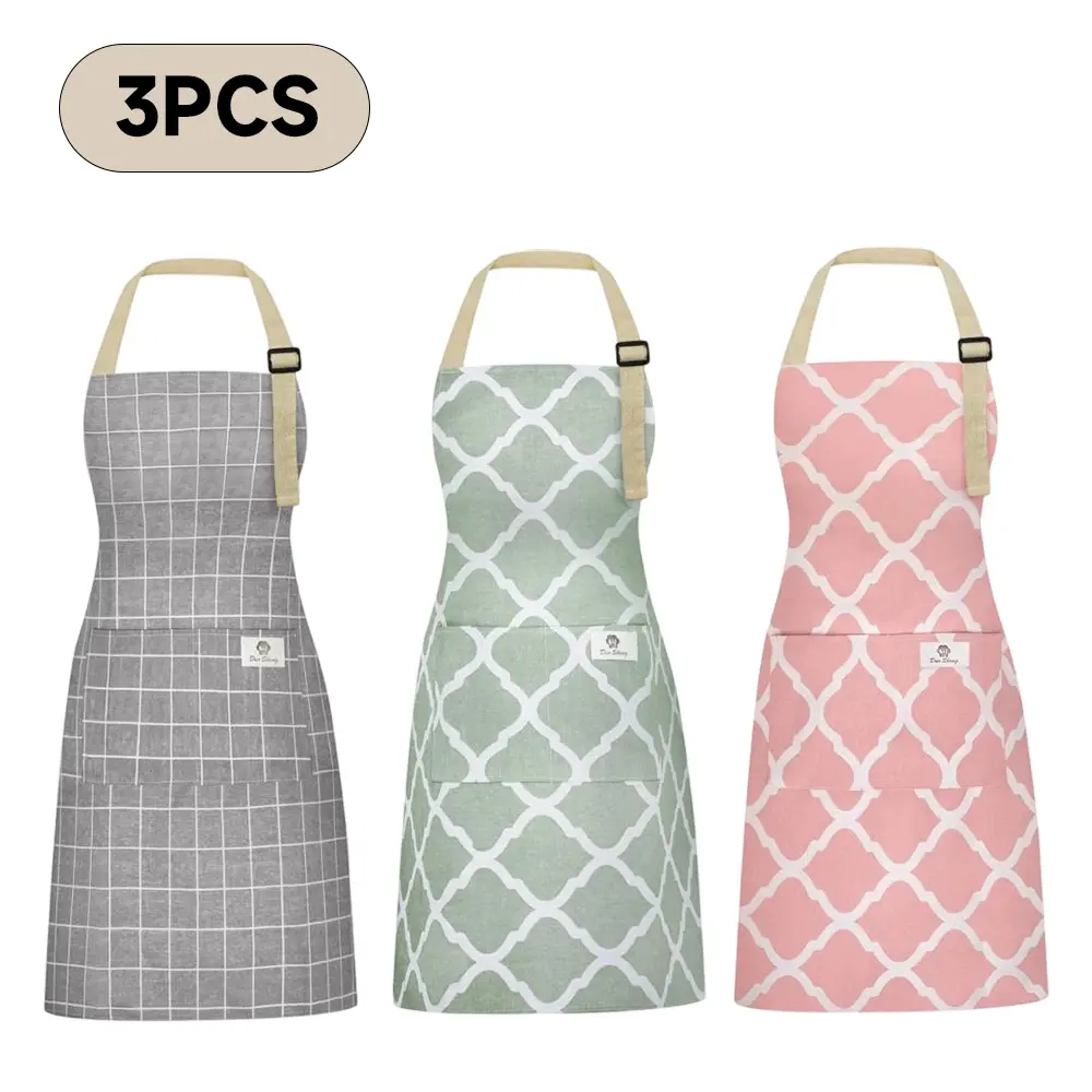 3PCS Aprons for Women with Pockets, Cotton Linen Waterproof Kitchen Cooking Aprons, Chef Apronfor Men Women with Adjustable Neck Strap and Long Ties