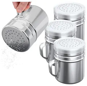 4 Packs 10oz Stainless Steel Salt Pepper Dredge Shakers With Plastic Cap & Handle perfect for Spice Seasoning Condiment Popcorn Salt Shaker Powder Sugar Flour for Cooking Kitchen Baking