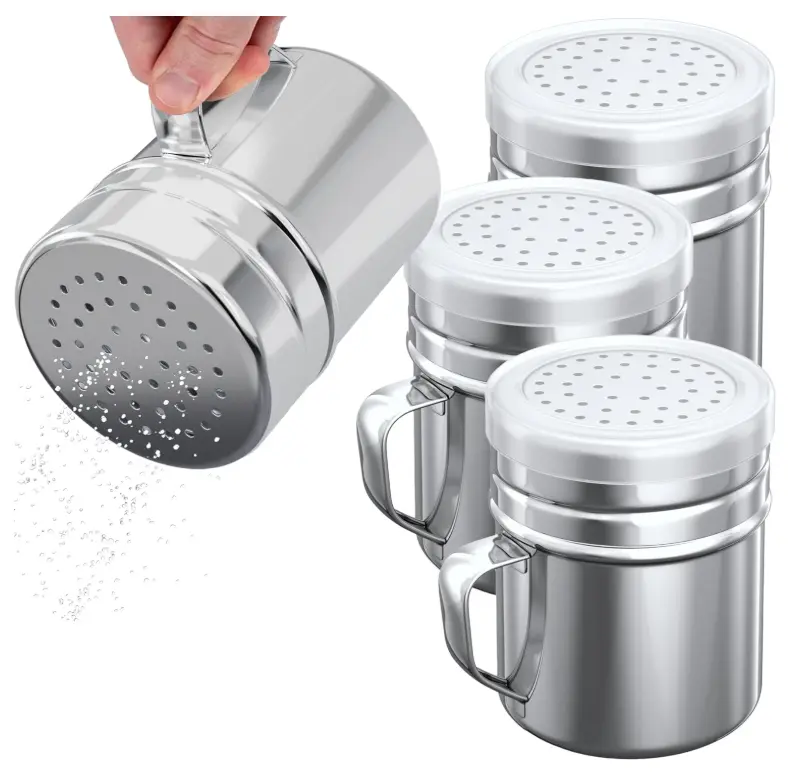 4 Packs 10oz Stainless Steel Salt Pepper Dredge Shakers With Plastic Cap & Handle perfect for Spice Seasoning Condiment Popcorn Salt Shaker Powder Sugar Flour for Cooking Kitchen Baking