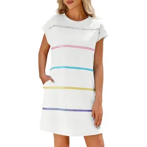 Imily Bela Women's Loose Lightweight Short Cap-Sleeve Textured Sequin Stripe Mini T-Shirt Dress - Breathable, Colorful, Stylish, Fit for Summer Casual Everyday Wear, Style