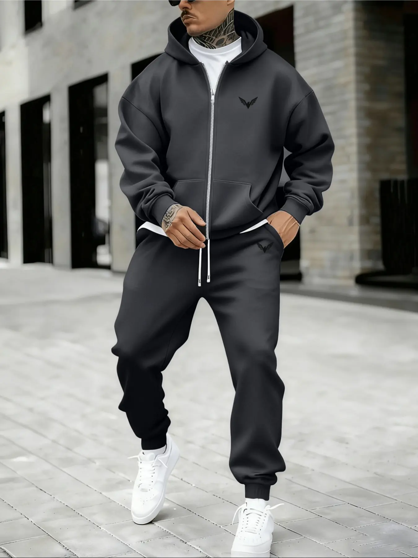 Spring Fall Winter Casual Zip Hoodie Set Tracksuit Sweat Suits, Comfortable Trendy Print Hooded Sweatshirt with Loose Sport Pants, Perfect Gift for Couples