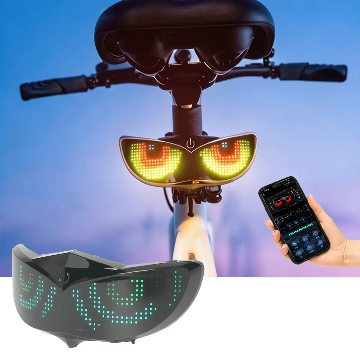 Smart LED Display Helmet Light, Matrix Pixel Screen, Animated Tail Light, Owl Design, APP Switch Animation, Bright Outdoor Cycling Gear