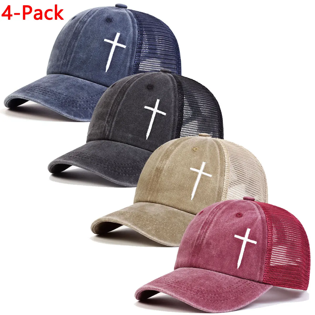 Distressed Cross High Quality Cotton Embroidered Cap - Casual Trucker Hat for Women, Washed Cotton Twill & Mesh Style, Adjustable Snapback Embroidered Headwear for All Seasons, Casual Hat, High Quality Hat