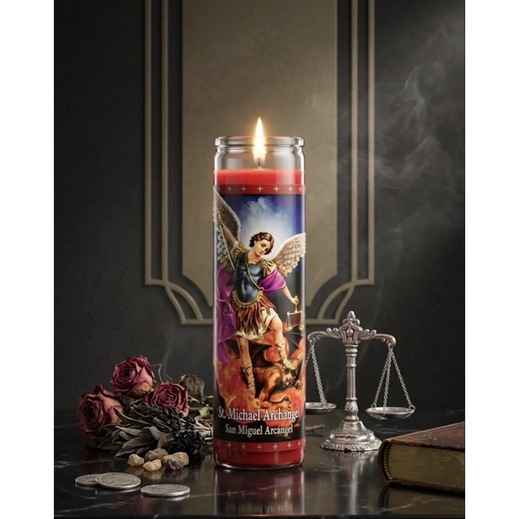 San Miguel Red Candle $7.99 - St Michael Archangel Design for Protection and Guidance