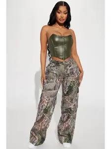 Bree Camo Stretch Cargo Jean - Olivecombo Regular 33.5" Inseam & Tall 37" Inseam Medium Stretch Cargo Pockets 9.5" Mid Rise 98% Cotton 2% Spandex