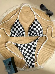 Black White Checkered String Bikini Set for Women – Tie Side Triangle Two Piece Swimsuit, Sexy Y2K Summer Beach Bathing Suit, Trendy Vacation Swimwear