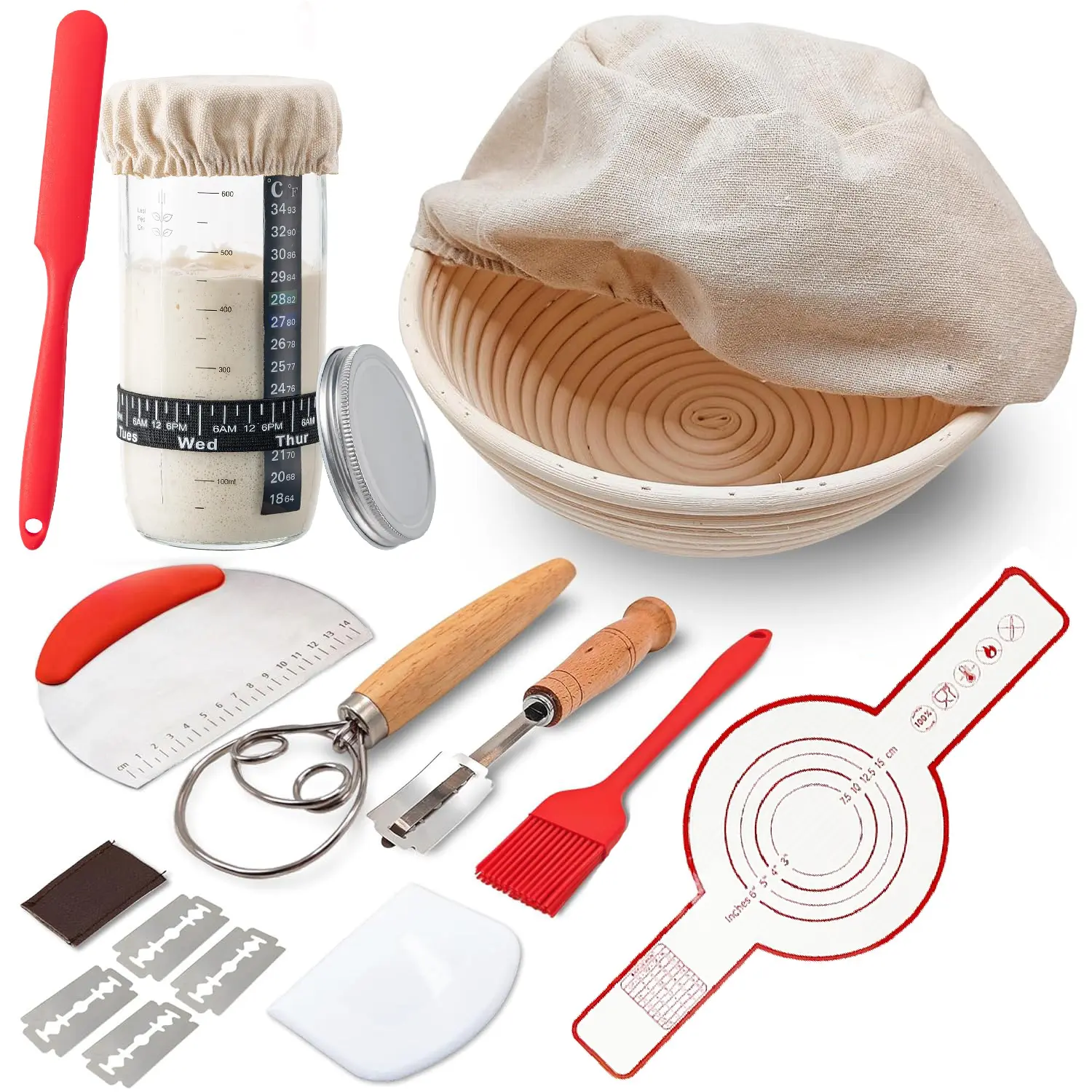 Sourdough Starter Kit, Home Baking Supplies, Banneton Bread Proofing Basket with Glass Sourdough Starter Jar, Sourdough Bread Baking Supplies, Sourdough Starter for Bread Making Baking Fermentation, Baking Utensils Supplies