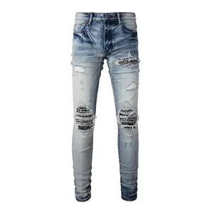 Men Paisley Bandana Print Patch Jeans Streetwear High Stretch Denim Pants Holes Ripped Patchwork Skinny Tapered Trousers