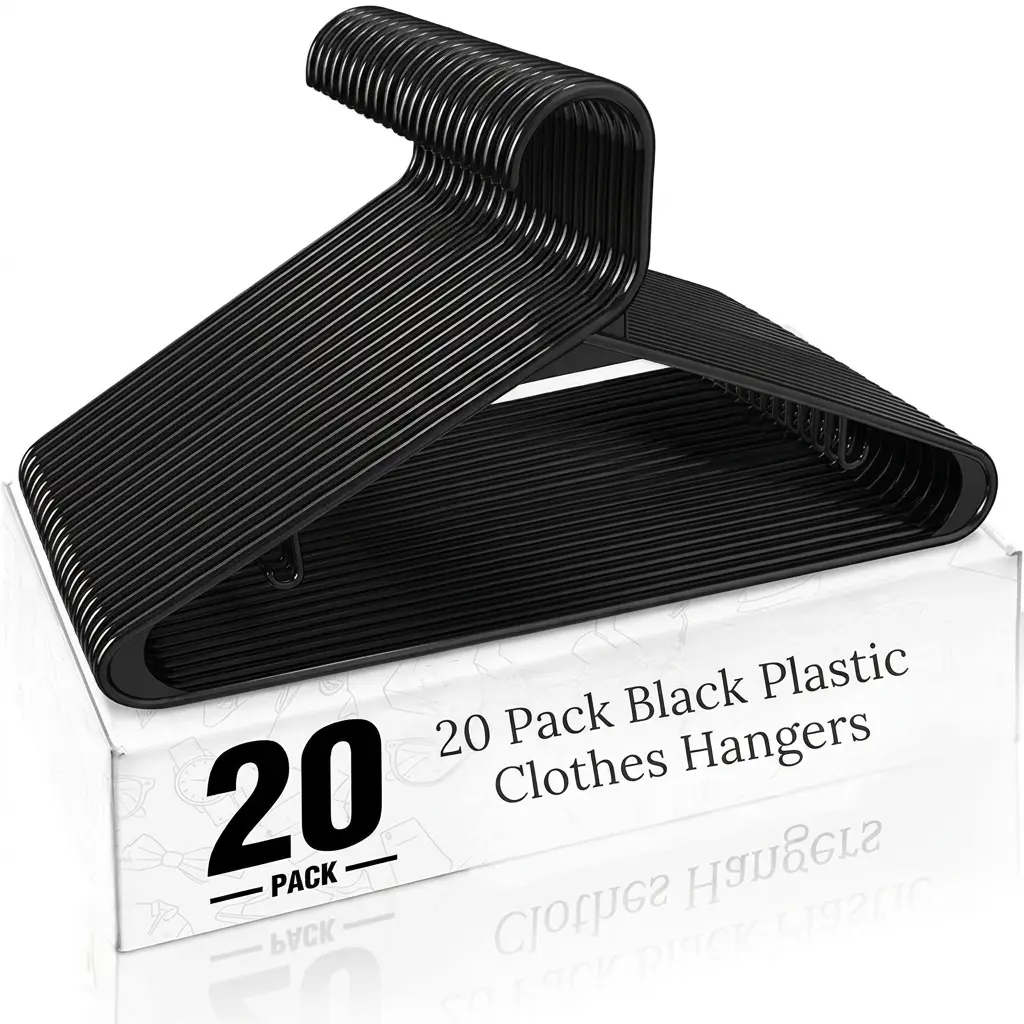 20 Pack Black Plastic Clothes Hangers – Space Saving Non-Slip Hangers for Closet Organization, Durable Garment Hangers for Shirts, Coats & Daily Use