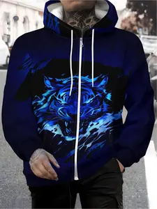 Men's Zip-Up Hoodie - Men's Zip-Up Casual Pullover Hoodie - Digital Print Pattern, two golden and silver dragons coiling and entwining, suitable for autumn and winter, machine washable, ideal for travel and daily wear - Loose fit, suitable for everyday we