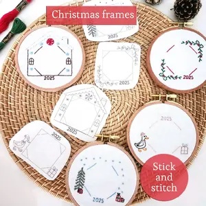 Stick and Stitch Christmas Photo Frames Hand Embroidery Patterns Pre-Cut Designs for DIY Projects 4 Hoops Christmas Ornament Decoration