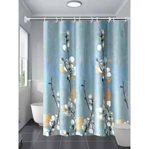 High-End Plum Blossom Print Waterproof Shower Curtain, Thick Mildew-Resistant Bathroom Partition Curtain, Fresh Style For Washroom Home Bathroom Decor Fall Decor Bathroom Accessories Back To School