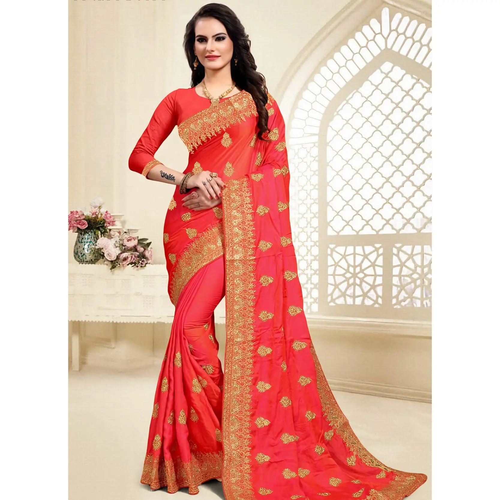 Sparkling Splendor: Pink Satin Silk Saree with Stone Work