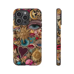 Luxury Celestial Sun Moon Eye Magsafe Phone Case Gold Boho Spiritual Collage Aesthetic Mystical Protective Gift iPhone 17 16 15 14 13 12 Pro Max Plus X, Samsung Galaxy S25 S24 S23 S22 S21 Ultra