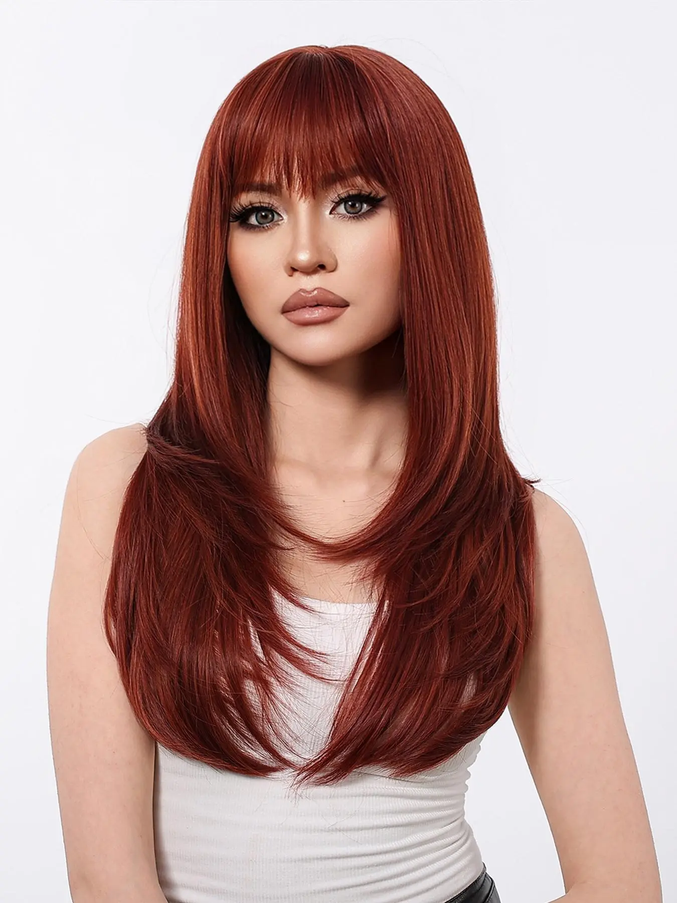 24 Inch Long Straight Hair Wig for Women, Gorgeous Flame Red Fashion Fluffy Wigs with Bangs, Synthetic Full Machine Wigs for Party, Daily Use, Daily Wear Wig, Machine Made Wigs