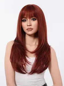 24 Inch Long Straight Wigs for Women, Gorgeous Flame Red Fashion Fluffy Wigs with Bangs, Synthetic Full Machine Wigs for Party, Daily Use