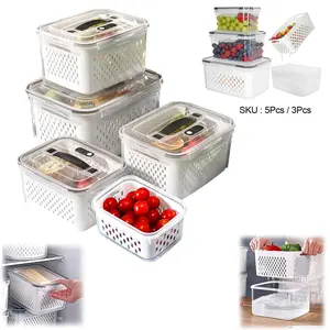 3pcs/5pcs Large Capacity Storage Boxes, Water Drainage/food Preservation Dual-Function Fruit Vegetable Containers, Lid with Handle Refrigerator Box