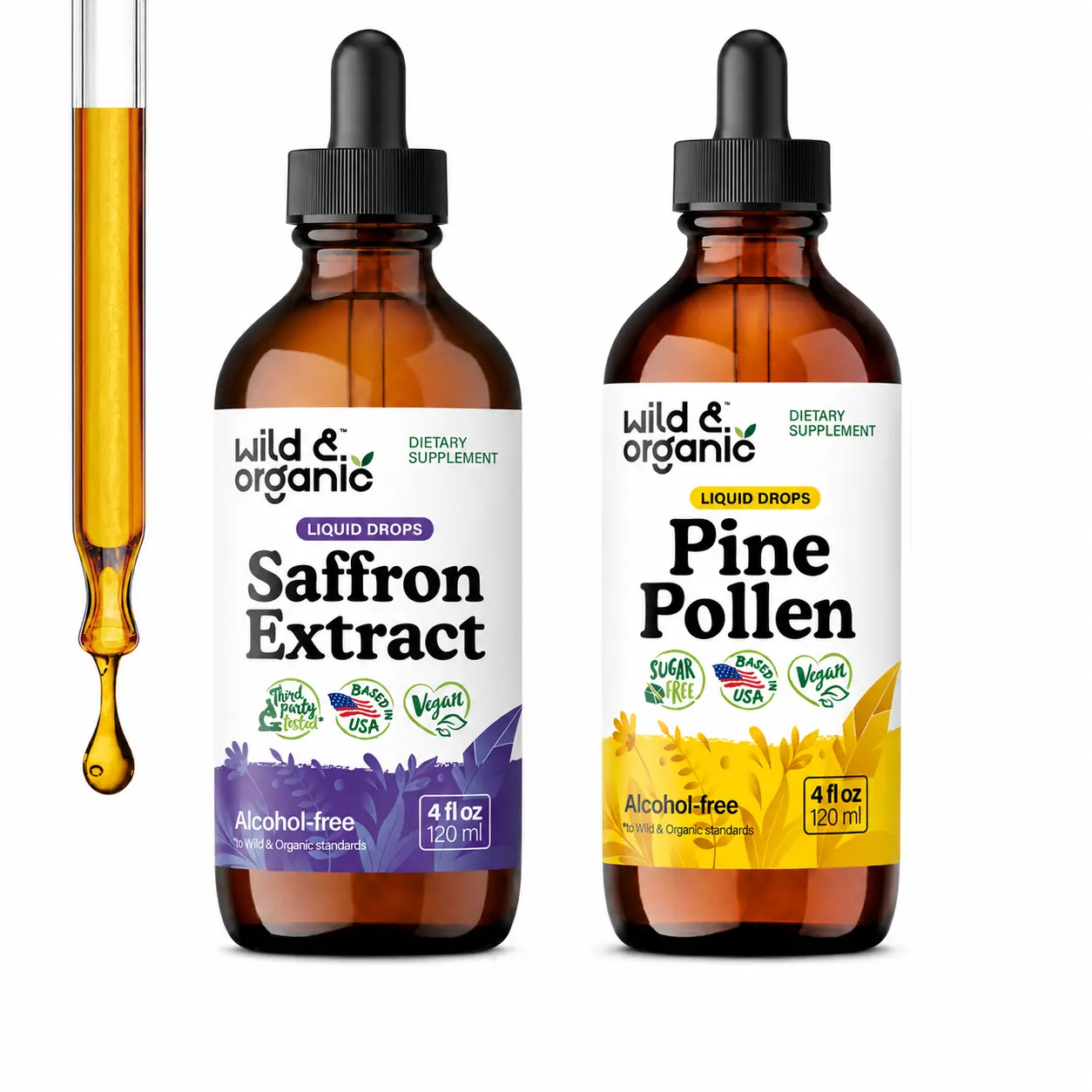 Wild & Organic Good Mood & Immune Care Duo: Saffron Drops for Mood & Focus Support + Pine Pollen for Immune & Antioxidant Support, Vegan, Sugar & Alcohol-Free