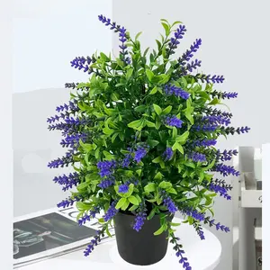 Two artificial lavender trees and lavender shrubs with ground anchors and UV-resistant synthetic greenery, Artificial faux greenery. Suitable for indoor and outdoor decoration, home, garden, wedding scenes