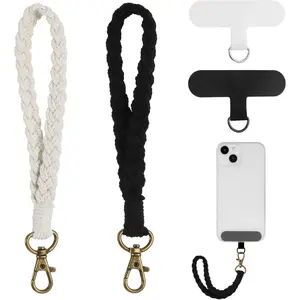 2 PCS Boho Macrame Phone Wrist Strap,Cell Phone Lanyard with Tether Tab Smartphone Chain Charm Wristlet Bracelet Keychain Anti Theft Strap for Women (White+Black) Installation Pvc
