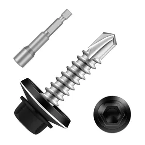 #12 x 3/4" Zinc Plated Steel Self Drilling Roofing Screws, Hex Head Self Tapping Screws with EPDM Washer, Black Head, 100 PCS