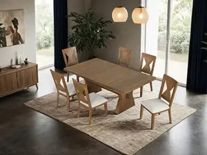 FM3428AK-7PC Rustic Oak Finish Dining Table Set with Trestle Base & Fabric Seats 7-Piece Farmhouse Design for Apartment Furniture