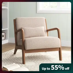 CANMOV Upholstered Linen Mix Modern Solid Wood Decorative Chair with Wooden Legs for Living Room Comfortable Versatile Minimalist Style with One Pillow