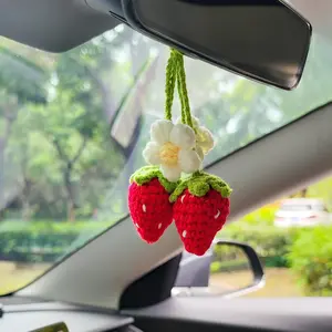 2pcs Crochet Strawberry Car Hanging Ornament, Handmade Crochet Red Strawberry and Flower Car Rear View Mirror Hanging Ornament, Strawberry Car Decor - Cute Aesthetic Car Accessories for Women and Teens, Car Interior Decoration