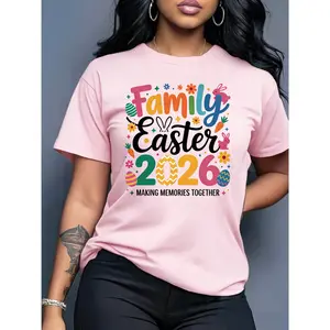 100% cotton women's Easter short-sleeve top with "Family Easter 2026" print, a festive gift. Round neck, comfortable, soft, and breathable, suitable for spring, summer, and autumn. Loose, casual, fashionable, everyday, simple, and versatile women's top