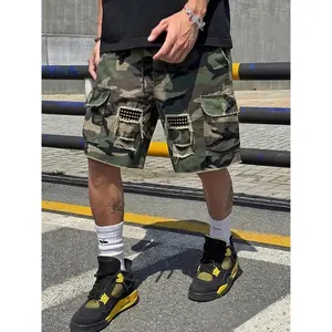 Men's Summer Camo Multi-Pocket cargo shorts, American Street Style Casual Pants, Loose-Fitting Cargo Shorts, Fashionable and Comfortable, Camouflage, Casual Athleisure Shorts, High Cotton Blend Distressed Ripped Tactical Shorts, Drawstring Elastic Waist U