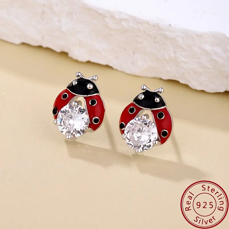 Women's Fashion Stud Earrings S925 Silver with Seven-Star Ladybug and Artificial Zirconia