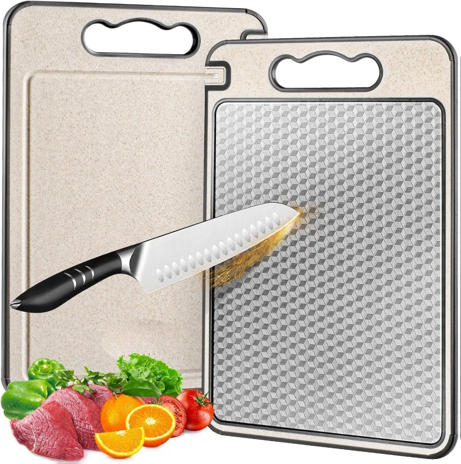 [New deal] - Stainless Steel Cutting Board for Kitchen, Non Toxic Large Chopping Board Double Sided Non-slip Scratch-resistant Mesh Design with Juice Groove Food-Grade Wheat Straw PP 15×10 In Easy to Clean
