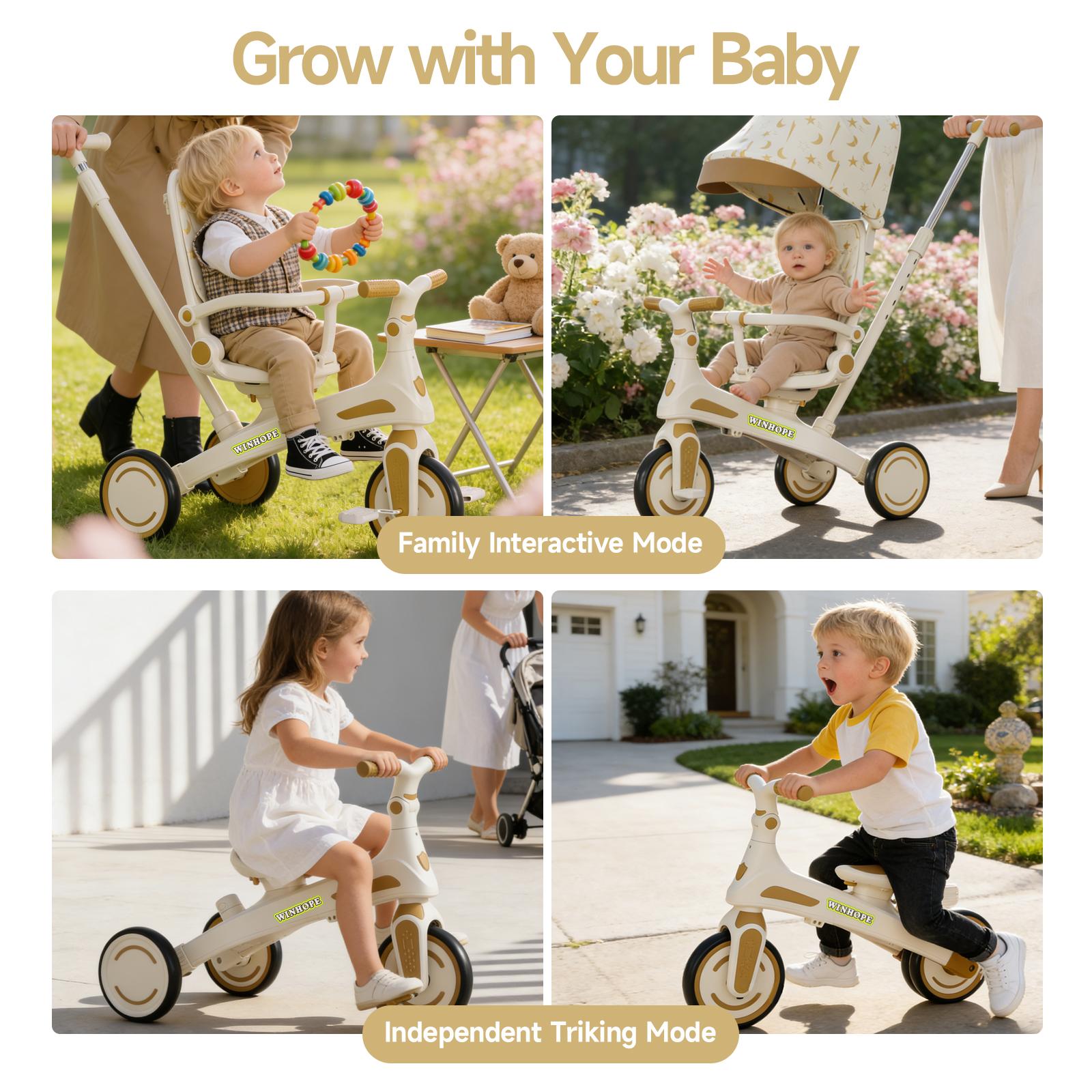 WINHOPE 6-in-1 Toddler Tricycle (1-6Y), Kids Tricycle Stroller with Push Handle, Sun Canopy, EVA Wheels, Stroll/Push/Ride Modes, Indoor/Outdoor Use for Baby Boys Girls