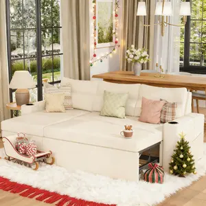 81" Sleeper Sofa with Armrest Storage,L-Shaped Sofa with Supportive Cushions,Cup Holders,Side Pockets,Pull Out Sleeper Sofa Bed,Pullout Sectional Sofa Couch with Large Storage