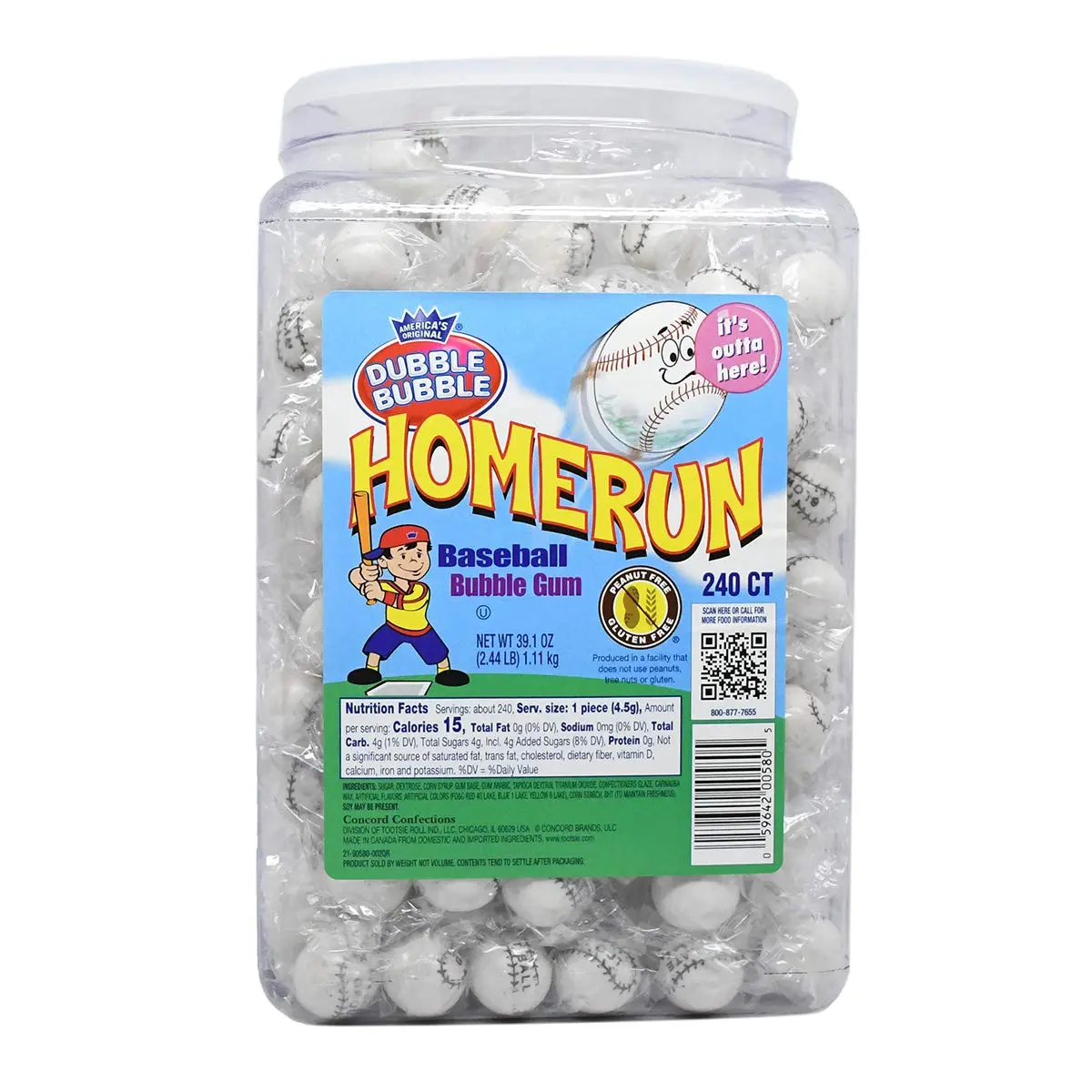 Dubble Bubble Home Run Baseball Gumballs, 240 Count Jar, Individually Wrapped Sports-Themed Bubble Gum for Parties, Events, Candy Buffets & Favors