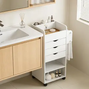 1pc White Rolling Storage Cart with Drawers, 3-Drawer Mobile Side Table, Narrow Rolling Cart with Open Shelves & Towel Rack, MDF Storage Drawer Carts for Living Room, Bedroom