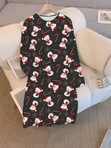 【Plus Size】 Christmas Snowman Print Dress, Long Sleeve Round Neck, Oversized Fit, Casual Elegant Fashion for Women, All Seasons Wear