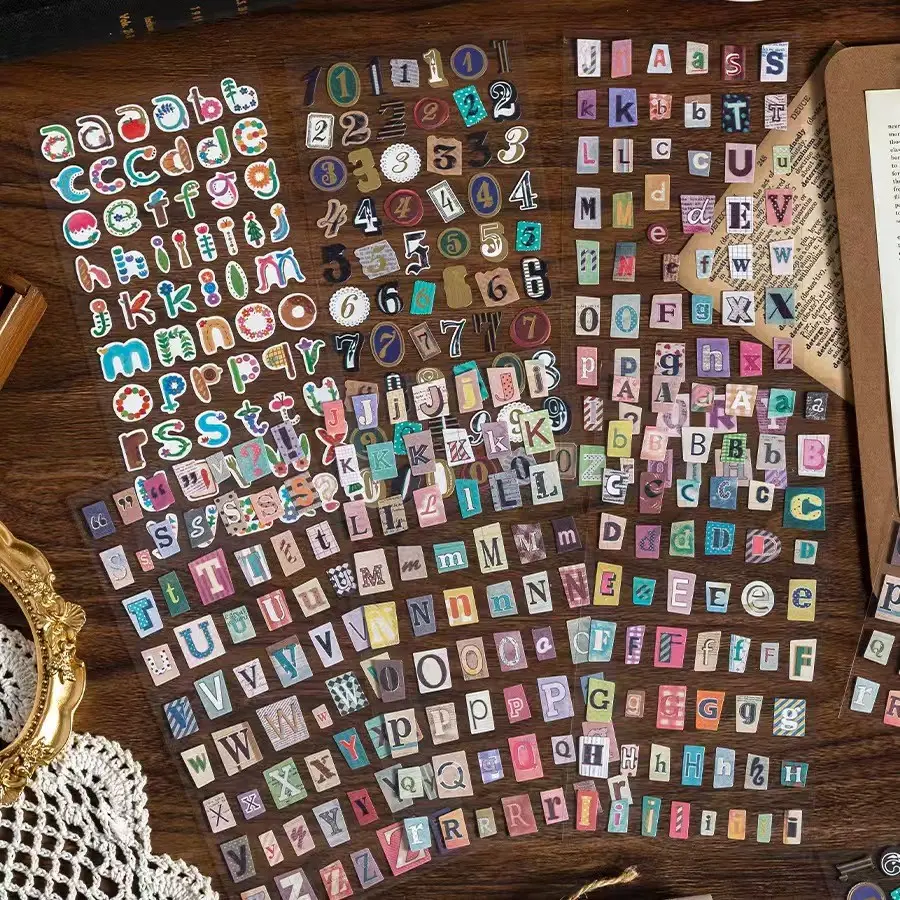 Letter Number Adhesive Stickers Set, 6 Pieces Vintage Capital & Small Letters, Scrapbooking Crafts DIY Cartoon Handmade Decals for Cross-Border Use
