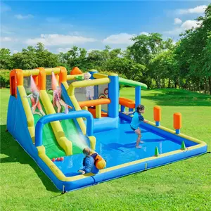 【Beautyhackher Exclusive】Yaheetech 10-in-1 Inflatable Water Slide w/ 2 Long Slides & Large Climbing Wall & Small Deeper Pool & Awning for Kids Aged 3 to 8, Outdoor Water Slide w/Storage Bag & 750W Blower summervibes