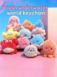 Cute Kawaii Plush Underwater Ocean Animal Keychain Set Soft Stuffed Octopus Crab Shark Starfish Seal Pendant Key Ring Aesthetic Backpack Bag Charm Gift for Women Girls Kids Sea Marine Animal Lovers