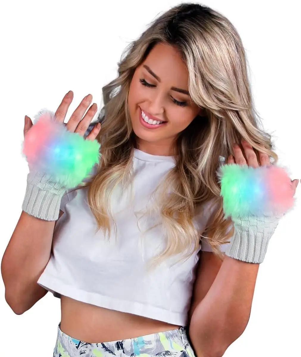 Light Up Fuzzy Fingerless LED Glow Gloves