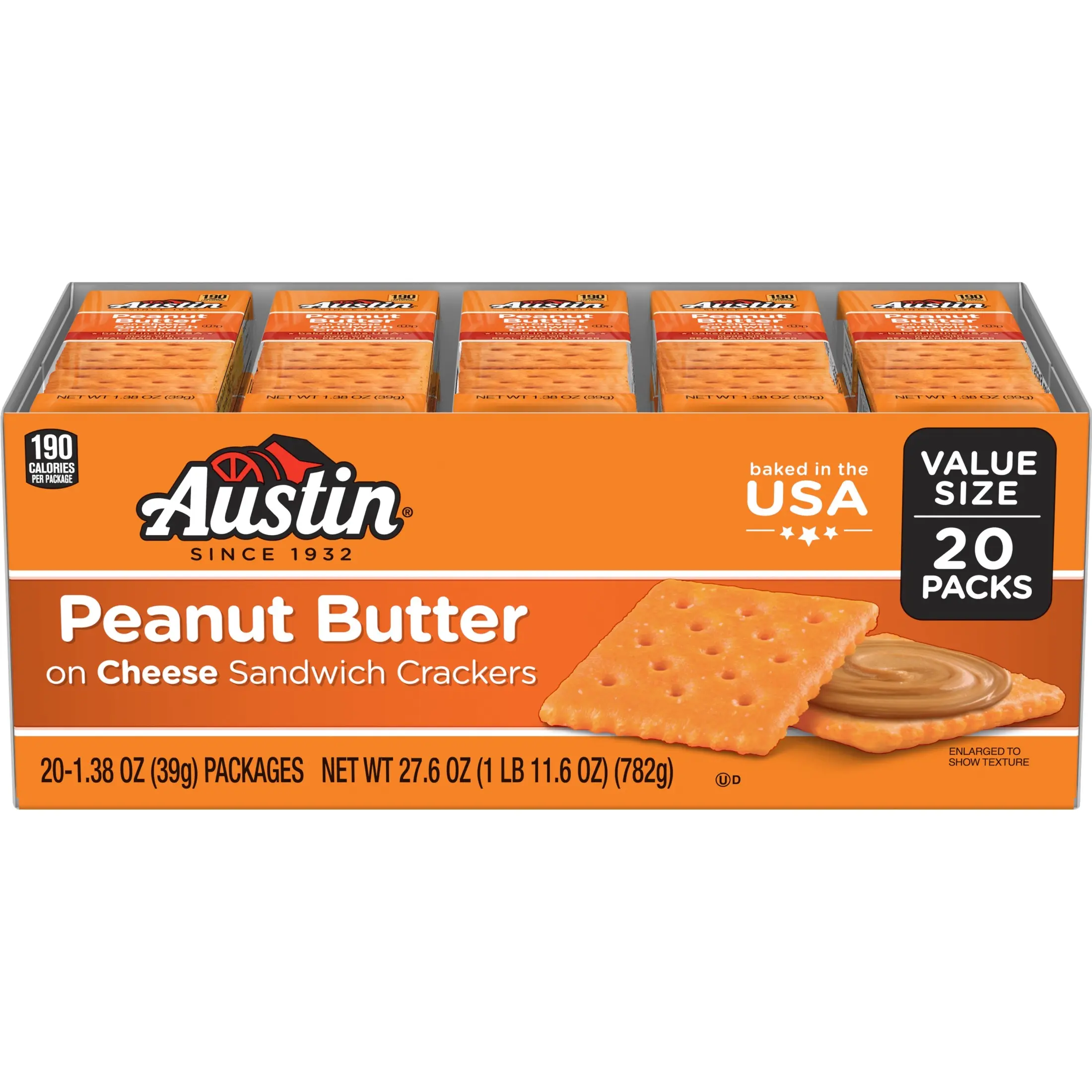 Austin Peanut Butter on Cheese Sandwich Crackers, Single Serve Snack Crackers, 20 Count
