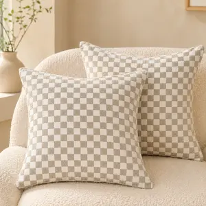 2-Piece Cream Fabric Checkered Plaid Throw Pillow Covers, Soft Nordic Decorative Cushion Cases, Easy-Clean Soft Cushions for Sofa, Bed Backrest